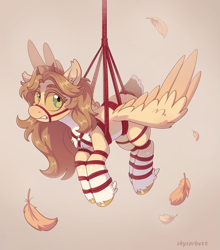 Size: 2067x2344 | Tagged: safe, artist:skysorbett, derpibooru import, oc, oc only, oc:k0potb, pegasus, pony, blonde, blonde hair, blonde mane, bondage, chest fluff, colored sclera, feather, female, full body, horns, looking at you, mare, pegasus oc, rope, rope bondage, shibari, solo, spread wings, tied up, wings, yellow sclera