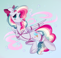 Size: 4200x4000 | Tagged: safe, artist:k0potb, derpibooru import, oc, oc only, oc:sky sorbet, pegasus, pony, bondage, bow, curly hair, curly mane, female, full body, hair bow, looking at you, mare, multicolored hair, multicolored mane, open mouth, pegasus oc, rope, rope bondage, shibari, tied up, wings