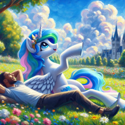 Size: 1024x1024 | Tagged: safe, ai content, derpibooru import, generator:bing image creator, generator:dall-e 3, machine learning generated, princess celestia, alicorn, human, anonymous prompter, blue eyes, castle, clothes, cloud, flower, lying down, meadow, pants, park, pointing, shirt, shoes, smiling, wrong cutie mark, wrong eye color