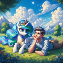 Size: 1024x1024 | Tagged: safe, ai content, derpibooru import, generator:bing image creator, generator:dall-e 3, machine learning generated, princess celestia, alicorn, human, anonymous prompter, blue eyes, clothes, cloud, cloudy, crown, field, flower, hand on chin, jewelry, lying down, meadow, mountain, pants, peytral, regalia, shirt, tree, wrong cutie mark, wrong eye color