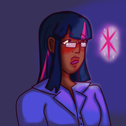 Size: 2048x2048 | Tagged: safe, artist:snappyshni, derpibooru import, twilight sparkle, human, blue background, clothes, dark skin, female, glasses, humanized, open mouth, shirt, simple background, solo
