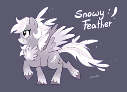Size: 2048x1495 | Tagged: safe, artist:amavaria, derpibooru import, oc, oc only, oc:snowy feather, pegasus, pony, blue eyes, chest fluff, coat markings, colored hooves, colored muzzle, colored wings, colored wingtips, eyelashes, facial markings, feather, feathers in hair, feathers in tail, fluffy, freckles, golden eyes, gray background, gray coat, long mane, long tail, mealy mouth (coat marking), pegasus oc, profile, raised hoof, raised leg, signature, simple background, smiling, socks (coat marking), solo, sparkles, spread wings, tail, text, two toned eyes, two toned mane, two toned tail, two toned wings, unshorn fetlocks, walking, white mane, white tail, wingding eyes, wings
