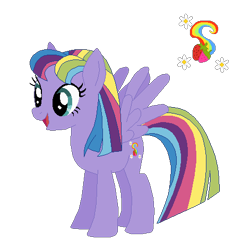 Size: 456x471 | Tagged: safe, artist:selenaede, artist:user15432, derpibooru import, pegasus, pony, g3, g4, base used, cutie mark, female, generation leap, mare, multicolored hair, multicolored tail, open mouth, open smile, purple coat, race swap, rainbow hair, rainbow tail, rainbowberry, simple background, smiling, solo, tail, transparent background
