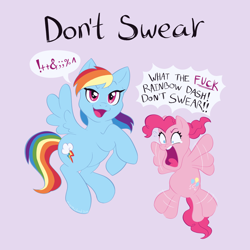 Size: 2500x2500 | Tagged: safe, artist:missmccloud, derpibooru import, pinkie pie, rainbow dash, earth pony, pegasus, pony, g4, angry, blue coat, blue eyes, censored vulgarity, comic, cutie mark, duo, duo female, eyebrows, female, flying, grawlixes, hypocritical humor, looking at you, magenta eyes, multicolored hair, open mouth, pink coat, pink hair, purple background, rainbow hair, raised eyebrow, signature, simple background, smiling, smug, speech bubble, spread wings, swearing, sweat, sweatdrop, teary eyes, teeth, text, upset, vulgar, what the heck rainbow dash don't swear, wide eyes, wings