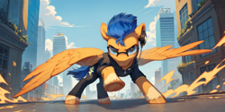 Size: 4096x2048 | Tagged: safe, ai content, derpibooru import, generator:pony diffusion v6 xl, generator:stable diffusion, machine learning assisted, machine learning generated, flash sentry, pegasus, pony, g4, badass, city, clothes, costume, glasses, high res, male, prompter:oranzinispegasiukas, solo, spread wings, stallion, wings