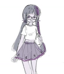 Size: 1302x1493 | Tagged: safe, artist:sugarcube269, derpibooru import, sci-twi, twilight sparkle, human, equestria girls, g4, clothes, female, glasses, looking at you, monochrome, open mouth, pigtails, simple background, sketch, skirt, smiling, solo, twintails, white background