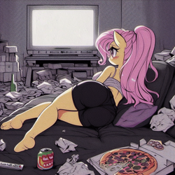 Size: 1024x1024 | Tagged: safe, ai content, derpibooru import, machine learning generated, fluttershy, anthro, g4, adorasexy, alcohol, barefoot, beer, beer can, big breasts, blushing, bottle, breasts, butt, clothes, curvy, cute, dark room, drink, feet, female, flutterbutt, food, futon, hootershy, hourglass figure, large butt, lying down, messy, on side, pizza, pizza box, ponytail, prompter:horselover fat, rear view, remote control, sexy, shorts, solo, television, wide hips, wingless, wingless anthro