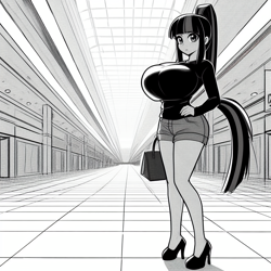 Size: 1024x1024 | Tagged: safe, ai content, derpibooru import, machine learning generated, twilight sparkle, human, adorasexy, big breasts, breasts, clothes, cute, empty room, female, hand on hip, high heels, huge breasts, humanized, looking at you, mall, monochrome, ponytail, prompter:horselover fat, purse, sexy, shoes, shorts, solo, standing, tail, tiled floor