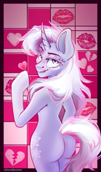 Size: 1205x2051 | Tagged: safe, artist:redjester, derpibooru import, oc, oc only, pony, semi-anthro, unicorn, butt, candy, female, food, heart, heart eyes, horn, kisses, looking at you, looking back, mare, not trixie, pink, pink background, plot, simple background, smiling, solo, tongue, tongue out, wingding eyes