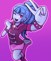 Size: 1721x2048 | Tagged: safe, artist:baboi, derpibooru import, sonata dusk, human, equestria girls, g4, boots, clothes, cute, eyeshadow, female, gem, makeup, nail polish, one eye closed, open mouth, open smile, peace sign, purple background, shoes, simple background, siren gem, skirt, smiling, socks, solo, sonatabetes, spiked wristband, wink, wristband