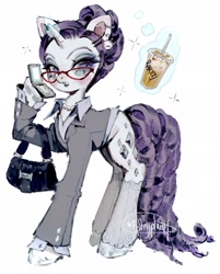 Size: 1649x2048 | Tagged: safe, artist:p0nyplanet, derpibooru import, rarity, pony, unicorn, alternate design, clothes, cutie mark, detached sleeves, female, glasses, horn, mare, office lady, purse, shirt, simple background, solo, white background