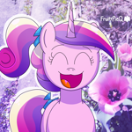 Size: 1000x1000 | Tagged: safe, artist:fruiitypieq, derpibooru import, princess cadance, alicorn, pony, g4, eyes closed, female, filly, foal, happy, open mouth, open smile, smiling, solo, teen princess cadance, wide smile