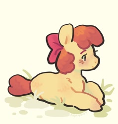 Size: 1014x1066 | Tagged: safe, artist:puppysphere, derpibooru import, apple bloom, earth pony, pony, g4, blushing, female, filly, foal, grass, light yellow background, lying down, prone, smiling, solo