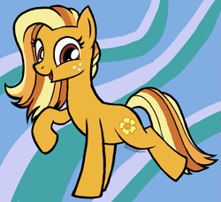 Size: 1173x1073 | Tagged: safe, artist:catachromatic, derpibooru import, oc, oc only, oc:buttercup, earth pony, pony, fanfic:a clever pony, abstract background, bipedal, black outlines, fanfic art, female, freckles, looking at self, mare, open mouth, open smile, raised hoof, raised leg, signature, smiling, solo