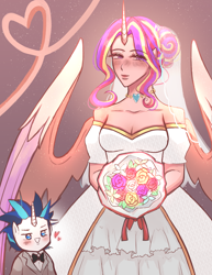 Size: 2975x3850 | Tagged: safe, artist:luna4812, derpibooru import, princess cadance, shining armor, human, g4, bouquet, bowtie, breasts, cleavage, clothes, dress, duo, duo male and female, female, flower, heart, height difference, high res, horn, horned humanization, humanized, looking at you, male, meme, messy hair, pony coloring, shiningcadance, shipping, smiling, smiling at you, straight, the bride and the ugly ass groom, tuxedo, wedding dress, winged humanization, wings