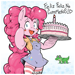 Size: 4096x4096 | Tagged: safe, artist:jisito, derpibooru import, gummy, pinkie pie, alligator, anthro, earth pony, g4, arm hooves, blushing, cake, clothes, food, looking at you, open mouth, open smile, smiling, socks, spanish, striped stockings, thigh highs