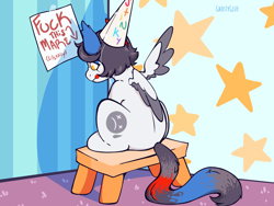 Size: 1400x1050 | Tagged: safe, artist:ghostyglue, derpibooru import, oc, oc only, oc:clowne, pegasus, pony, carpet, clown, clown makeup, colored, dunce hat, hat, long tail, pegasus oc, plastic chair, pouting, solo, tail, vulgar, ych result