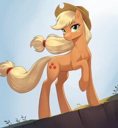 Size: 2172x2336 | Tagged: safe, artist:sierraex, derpibooru import, applejack, earth pony, pony, g4, applejack's hat, clothes, cowboy hat, female, hat, high res, looking at each other, looking at you, mare, raised hoof, raised leg, smiling, smiling at each other, solo