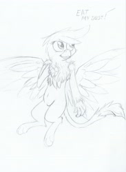 Size: 4874x6642 | Tagged: safe, artist:pzkratzer, derpibooru import, gilda, griffon, semi-anthro, g4, belly button, flying, sketch, solo, text, traditional art