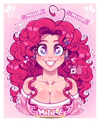 Size: 1380x1682 | Tagged: safe, artist:l4zy_4le, derpibooru import, pinkie pie, human, g4, ahoge, big breasts, border, breasts, bust, cleavage, clothes, ear piercing, earring, front view, hair accessory, heart, humanized, jewelry, looking at you, off shoulder, piercing, pinkie pies, smiling, smiling at you, solo, toothy grin