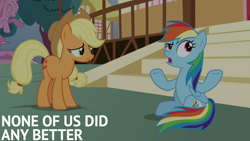 Size: 2000x1125 | Tagged: safe, derpibooru import, edit, edited screencap, editor:quoterific, screencap, applejack, rainbow dash, earth pony, pegasus, g4, yakity-sax, duo, duo female, female, fountain, mare, ponyville town hall, statue