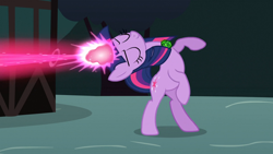 Size: 1920x1080 | Tagged: safe, derpibooru import, screencap, twilight sparkle, unicorn twilight, pony, unicorn, g4, magic duel, season 3, 1080p, backbend, bipedal, blast, cropped, eyes closed, glowing, glowing horn, horn, magic, magic blast, pose, showing off, smiling, solo, zecora's doorstop