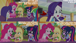 Size: 2000x1125 | Tagged: safe, derpibooru import, edit, edited screencap, editor:quoterific, screencap, applejack, pinkie pie, rainbow dash, rarity, sci-twi, twilight sparkle, better together, equestria girls, g4, rollercoaster of friendship