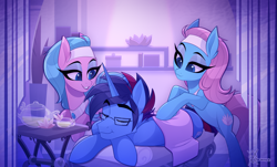 Size: 2400x1450 | Tagged: safe, artist:thewandie, derpibooru import, aloe, lotus blossom, oc, oc:marquis majordome, earth pony, pony, unicorn, g4, commission, cup, eyes closed, eyeshadow, fangs, female, food, glasses, horn, lying down, makeup, male, mare, massage, pillow, prone, spa, spa twins, stallion, tea, teacup, teapot, towel, trio, unicorn oc, wings, ych result