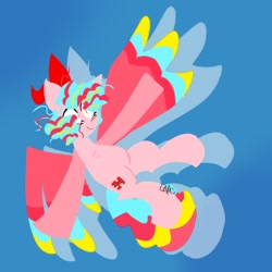 Size: 1280x1280 | Tagged: safe, artist:loona95517858, derpibooru import, cozy glow, pegasus, pony, g4, blue background, female, filly, foal, rainbow power, rainbow power-ified, simple background, solo