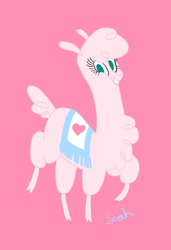 Size: 640x934 | Tagged: safe, artist:speedyakaleah, derpibooru import, paprika paca, oc, oc:fluffle puff, alpaca, them's fightin' herds, g4, community related, female, heart, palette swap, pink background, recolor, simple background, solo