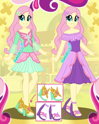 Size: 1080x1350 | Tagged: safe, artist:wavebreeze234, derpibooru import, fluttershy, butterfly, human, g4, 2d, ankles, canterlot high, clothes, dress, female, hairpin, high heels, legs, looking up, shoes, smiling