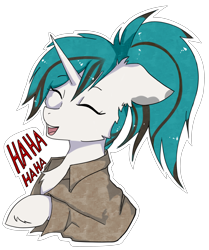Size: 3100x3700 | Tagged: safe, artist:hysteriana, derpibooru import, oc, oc only, oc:evening lake, pony, unicorn, blue mane, cheek fluff, chest fluff, clothes, ear fluff, ears, ears back, eyes closed, female, floppy ears, hoof fluff, horn, jacket, laughing, light skin, patch, ponytail, simple background, solo, spots, spotted, sticker, striped mane, transparent background