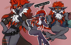 Size: 2386x1508 | Tagged: safe, artist:redjester, derpibooru import, oc, oc only, oc:maniacal desire, anthro, bird, anthro oc, chest fluff, claws, clothes, coat, feather, female, orange eyes, ornithian, pillow, simple background
