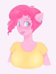 Size: 1286x1681 | Tagged: safe, artist:huskaboo, derpibooru import, pinkie pie, human, g4, bust, clothes, ear piercing, eared humanization, earring, female, humanized, jewelry, piercing, pony coloring, shirt, simple background, smiling, solo