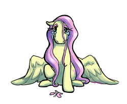 Size: 3300x2700 | Tagged: source needed, safe, artist:verikoira, derpibooru import, fluttershy, butterfly, pegasus, pony, g4, crying, female, looking at you, mare, sad, simple background, solo, spread wings, wings