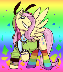 Size: 3396x3903 | Tagged: safe, artist:verikoira, derpibooru import, fluttershy, pegasus, pony, antonymph, asexual pride flag, clothes, fluttgirshy, gir, gradient background, implied rainbow dash, invader zim, kandi, looking at you, nonbinary, nonbinary pride flag, pansexual pride flag, pride, pride flag, rainbow, rainbow background, rainbow socks, scene, sharp teeth, socks, solo, spread wings, striped socks, teeth, vylet pony, wings