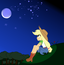 Size: 1212x1222 | Tagged: safe, artist:calmbreezes, derpibooru import, equestria girls, g4, boots, cowboy boots, cowboy hat, crossed arms, freckles, grass, hat, moon, night, night sky, outdoors, shoes, sitting, sky, solo, tree