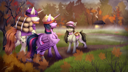 Size: 4800x2700 | Tagged: safe, artist:lunciakkk, derpibooru import, part of a set, octavia melody, twilight sparkle, twilight sparkle (alicorn), oc, oc:mckeypl, alicorn, earth pony, pony, unicorn, series:mckeypl in years, g4, autumn, chest fluff, clothes, commission, forest, horn, nature, rain, tree, unicorn oc, wood