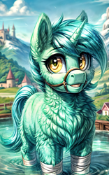 Size: 2752x4416 | Tagged: safe, ai content, derpibooru import, generator:easyfluff v11.2, generator:stable diffusion, machine learning generated, lyra heartstrings, pony, unicorn, g4, anonymous editor, anonymous prompter, blue sky, bridle, castle, chest fluff, cloud, day, detailed, detailed background, ear fluff, ears, female, feral, fluffy, golden eyes, happy, harness, heart, heart eyes, high res, horn, lake, leg wraps, looking at you, mare, medieval, missing cutie mark, mountain, mountain range, open mouth, outdoors, partially submerged, png, quadrupedal, smiling, smiling at you, solo, standing, tack, teal mane, village, water, wingding eyes