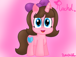 Size: 910x684 | Tagged: safe, artist:katiegirlsforever, derpibooru import, oc, oc only, oc:rachel, pony, unicorn, g4, blue eyes, bow, brown hair, brown mane, brown tail, cute, female, girly, girly girl, hair bow, horn, looking at you, mare, ocbetes, open mouth, open smile, pink background, pink coat, purple bow, simple background, smiling, smiling at you, solo, tail, unicorn oc
