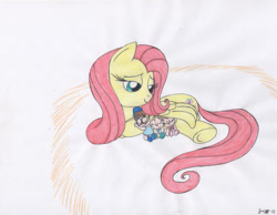 Size: 1024x796 | Tagged: safe, artist:katiegirlsforever, derpibooru import, fluttershy, chipmunk, pegasus, pony, g4, alvin and the chipmunks, baby, bedroom eyes, brittany miller, crossover, cuddling, cute, eleanor miller, eyes closed, female, flutterlove, folded wings, glasses, group, hay, jeanette miller, love, lying down, mare, prone, quartet, shyabetes, smiling, the chipettes, traditional art, wings
