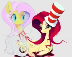 Size: 1103x870 | Tagged: safe, artist:ponykip, derpibooru import, fluttershy, pegasus, pony, g4, big ears, big eyes, blood, blood puddle, bloody hooves, bloody mouth, colored eyebrows, colored pinnae, duality, duo, duo female, ears, elements of insanity, female, folded wings, frown, gray background, hat, heterochromia, long mane, lying down, mare, messy mane, open mouth, open smile, pink mane, prone, red mane, self paradox, self ponidox, simple background, smiling, teal eyes, teeth, top hat, two toned mane, wavy mane, wings