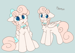 Size: 2800x2000 | Tagged: safe, artist:puppie, derpibooru import, oc, oc only, oc:soren, pegasus, pony, :p, bell, bell collar, bow, collar, curly hair, curly mane, cute, female, hair bow, innocent, mare, pegasus oc, soft, solo, tail, tail bow, tongue, tongue out, wingding eyes