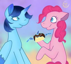 Size: 670x602 | Tagged: artist needed, source needed, safe, derpibooru import, pinkie pie, oc, oc:blue thunder, alicorn, cupcake, food