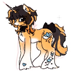 Size: 727x711 | Tagged: safe, artist:junniepiepoopop, derpibooru import, oc, oc only, pony, unicorn, big eyes, bow, brown eyes, chest fluff, coat markings, colored belly, colored horn, colored muzzle, colored pinnae, colored sketch, ear fluff, ear piercing, earring, ears, facial markings, heart, heart mark, horn, jewelry, long horn, long mane, long mane male, long tail, male, mealy mouth (coat marking), neck bow, neck ribbon, orange coat, pale belly, piercing, ponysona, profile, pubic fluff, simple background, sketch, smiling, socks (coat marking), solo, stallion, standing, star (coat marking), tail, tail bow, two toned mane, two toned tail, unicorn horn, unicorn oc, unnamed oc, unshorn fetlocks, white background