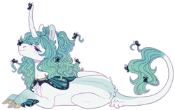 Size: 2876x1805 | Tagged: safe, artist:sleepy-nova, derpibooru import, oc, oc:teal monarch, butterfly, pony, unicorn, horn, lying down, prone, simple background, solo, transparent background