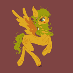 Size: 2048x2048 | Tagged: safe, artist:cingulomana, derpibooru import, oc, oc only, pegasus, pony, :p, coat markings, colored eyebrows, colored wings, colored wingtips, curly hair, curly mane, curly tail, ear fluff, ear tufts, ears, eyebrows, eyebrows visible through hair, green mane, green tail, high res, leg fluff, lineless, long legs, long mane, long neck, long tail, looking back, neck fluff, oc name needed, pegasus oc, profile, rearing, red background, signature, simple background, smiling, solo, spread wings, tail, teal eyes, tongue, tongue out, two toned wings, wingding eyes, wings, yellow coat
