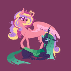Size: 2048x2048 | Tagged: safe, artist:cingulomana, derpibooru import, princess cadance, queen chrysalis, alicorn, changeling, changeling queen, pony, g4, alternate color palette, alternate design, alternate hair color, alternate tail color, black coat, blaze (coat marking), carapace, changeling horn, chest fluff, coat markings, colored eyebrows, colored horn, colored wings, colored wingtips, concave belly, curly hair, curly mane, curly tail, cute, cute little fangs, duo, duo female, ear fluff, ear tufts, ears, ears back, eye clipping through hair, eyebrows, eyebrows visible through hair, facial markings, fangs, female, floppy ears, green eyes, green mane, green tail, heart, heart eyes, heart horn, high res, horn, infidelity, leg fluff, lesbian, lineless, long legs, long mane, long tail, looking at each other, looking at someone, lying down, mare, missing accessory, multicolored mane, multicolored tail, pink coat, profile, prone, purple background, purple eyes, raised hoof, raised leg, ship:cadalis, shipping, simple background, slender, smiling, smiling at each other, spread wings, standing, straight mane, straight tail, tail, thin, thin legs, two toned wings, wall of tags, wingding eyes, wings