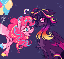 Size: 2048x1884 | Tagged: safe, artist:cingulomana, derpibooru import, pinkie pie, twilight sparkle, twilight sparkle (alicorn), alicorn, earth pony, pony, g4, alternate color palette, alternate design, alternate eye color, alternate hair color, alternate hairstyle, balloon, big ears, blaze (coat marking), blue eyes, blushing, chest fluff, coat markings, colored belly, colored ear tufts, colored eyebrows, colored hooves, colored horn, colored muzzle, colored sclera, colored wings, colored wingtips, curly hair, curly mane, curved horn, duo, duo female, ear fluff, ear piercing, ear tufts, earring, ears, eye clipping through hair, eyebrows, eyebrows visible through hair, facial markings, fangs, female, floating, floating heart, floppy ears, gradient mane, heart, hooves, horn, horn jewelry, horn ring, in air, jewelry, leg fluff, lesbian, long neck, looking at each other, looking at someone, mare, mealy mouth (coat marking), multicolored hooves, multicolored mane, open mouth, open smile, pale belly, partially open wings, piercing, pink coat, pink eyes, pink mane, pink sclera, profile, purple background, purple coat, rainbow, ring, shiny hooves, shipping, signature, simple background, sitting, smiling, smiling at each other, sparkles, sparkly eyes, sparkly hooves, sparkly mane, splotches, starry eyes, stars, swirls, thin, twinkie, two toned wings, unshorn fetlocks, wall of tags, wingding eyes, wings, wolf cut, yellow sclera