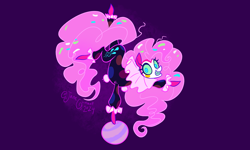 Size: 4000x2400 | Tagged: safe, artist:janegumball, derpibooru import, pinkie pie, earth pony, pony, g4, ball, clown, confetti, confetti in mane, confetti in tail, eternal night au (janegumball), female, grin, handstand, high res, looking at you, mare, nightmare pinkie, nightmarified, signature, smiling, smiling at you, solo, standing, standing on one leg, upside down